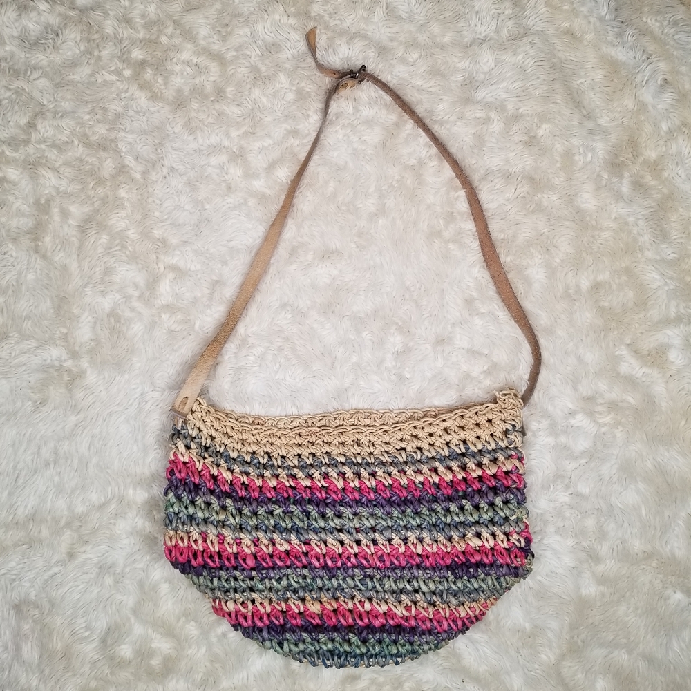 Y2K Striped Crichet Raffia Shoulder Bag Leather Strap Medium Beach Cottagecore